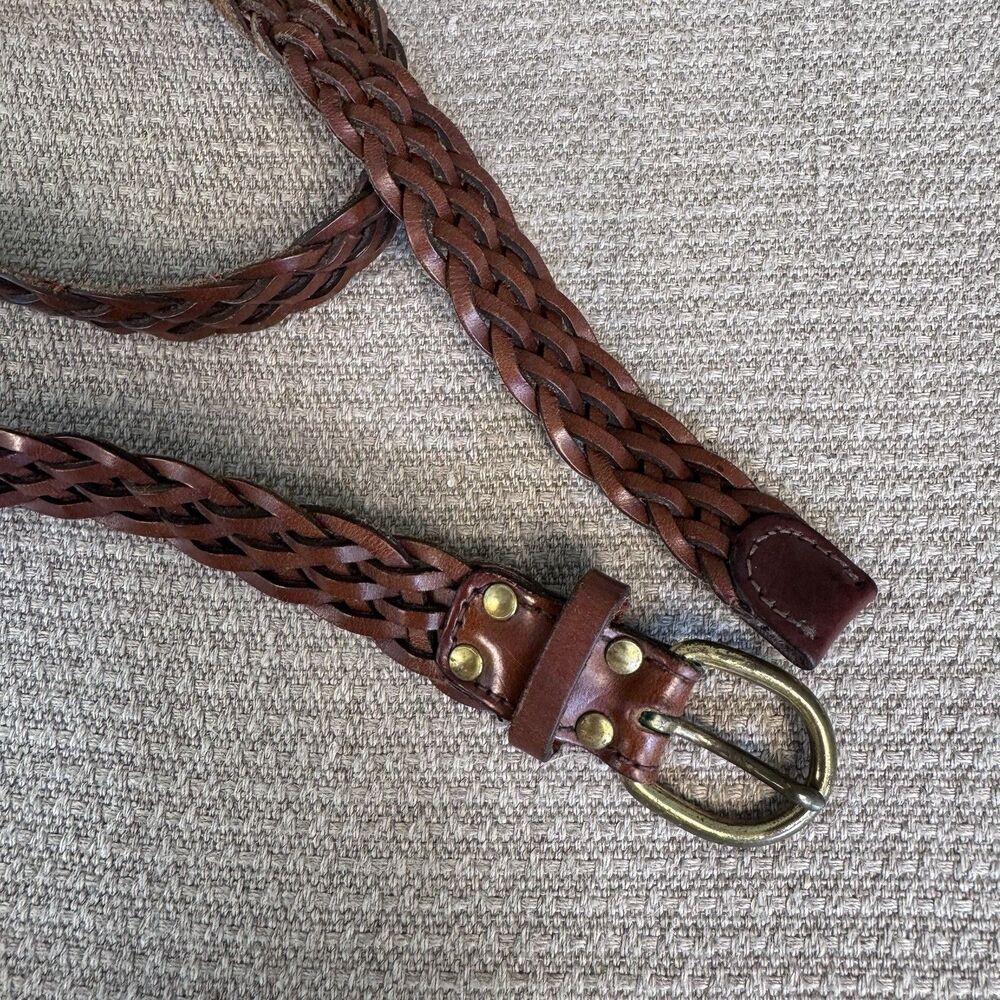 Vintage Classic Brown Leather Woven Belt Brass Buckle Sz S/M Preppy Women’s 549
